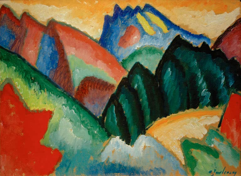 Gebirge aus roten, blauen und grünen Farbflächen mit dunklen Tannen – Alexej von Jawlensky Sierra Morena Kunstkopie