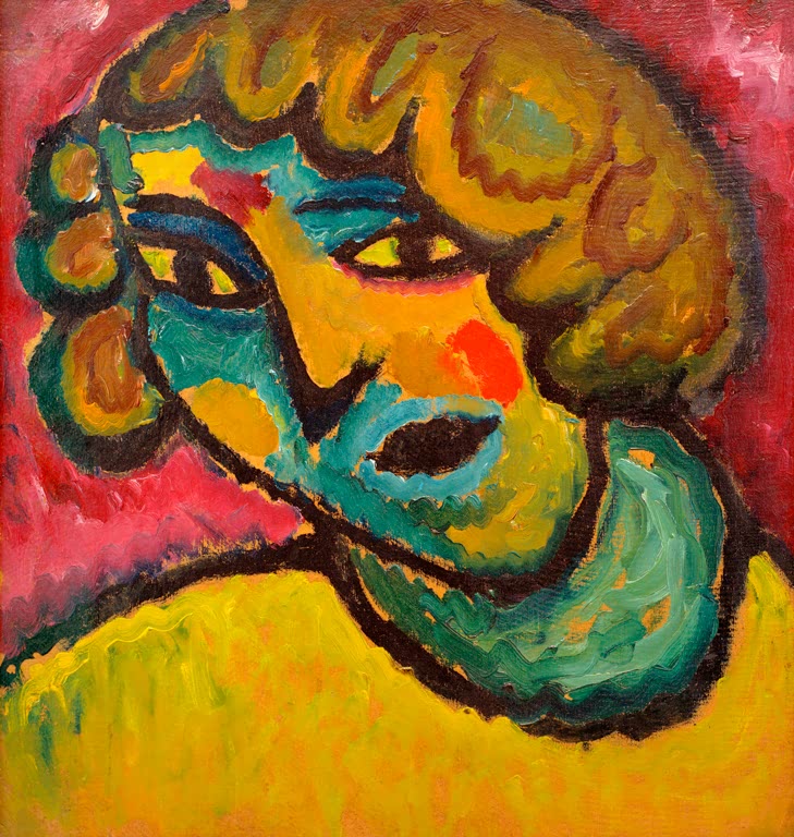 Alexej von Jawlensky Silence Kunstkopie: Geneigter Frauenkopf mit lockigem Haar in Gelb, Grün und Rosa