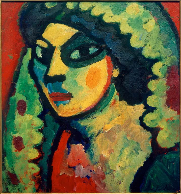 Frau mit grünem Umhang, dunkel umrandeten Augen, rotem Mund – Alexej von Jawlensky Sizilianerin mit grünem Shawl Kunstkopie