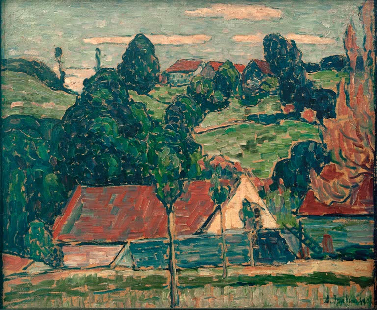 Alexej von Jawlensky Sommertag Kunstkopie – Grüne Hügellandschaft mit Bauernhaus, rotem Dach und Baumgruppen