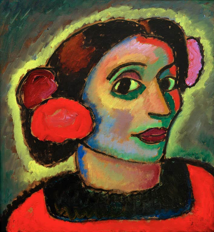 Alexej von Jawlensky Spanierin Kunstkopie – Frau im Profil mit roter Blume im Haar und rotem Kleid vor Grün