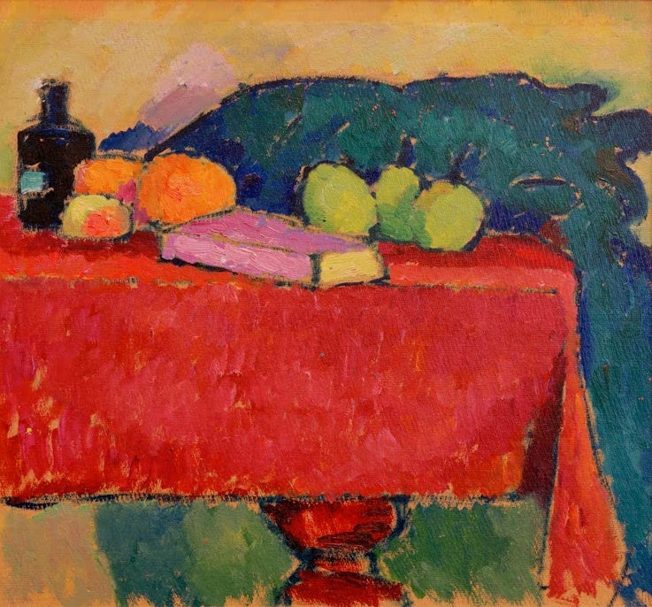Alexej von Jawlensky Stilleben auf rotem Tisch Kunstkopie: Rotes Tischtuch mit Flasche, Früchten und rosa Buch