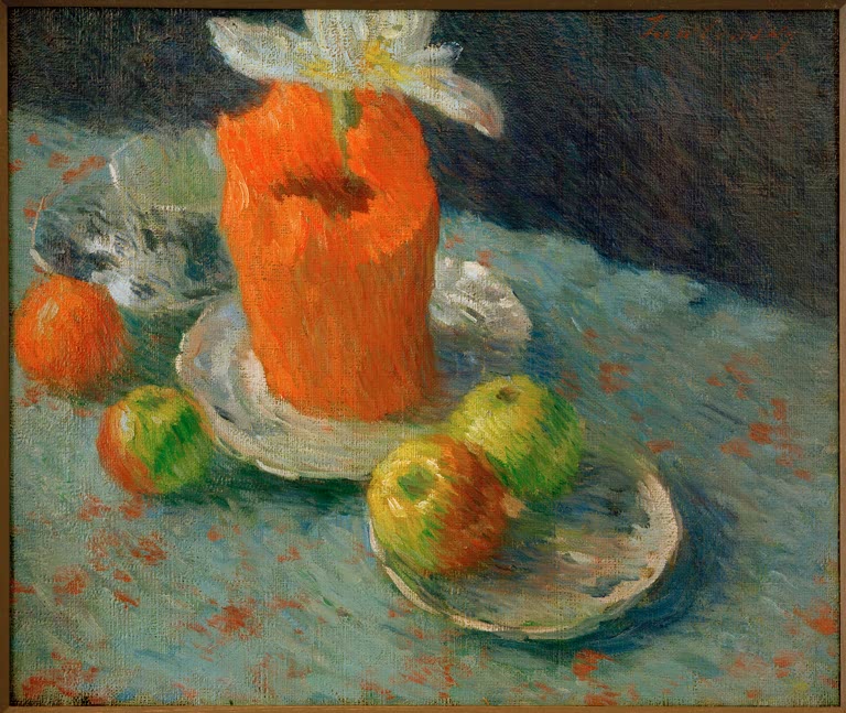 Orange Vase mit weißer Blüte neben Äpfeln und Schalen auf Blau – Alexej von Jawlensky Stilleben en Bleu Kunstkopie