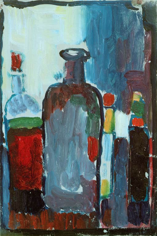 Alexej von Jawlensky Stilleben mit Flaschen Kunstkopie – Dunkle Flasche vor blaugrauem Hintergrund mit weiteren Flaschen