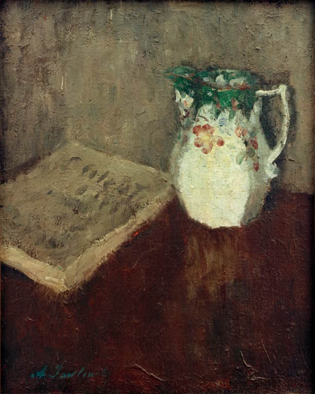 Alexej von Jawlensky Stilleben mit Krug und Buch Kunstkopie: Weißer Krug mit Blumenmuster neben Buch auf Tisch