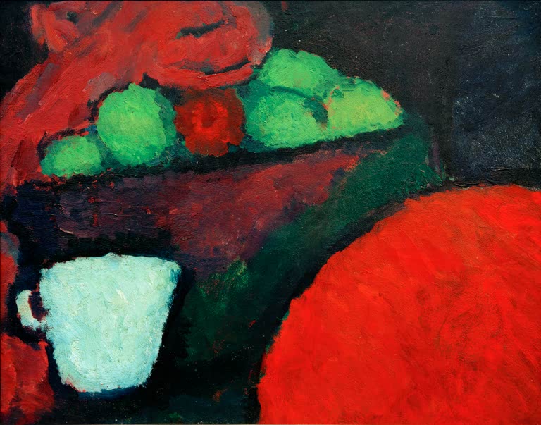 Fruchtschale, rote Fläche und hellblaue Tasse auf Schwarz – Alexej von Jawlensky Stilleben mit Tasse Kunstkopie