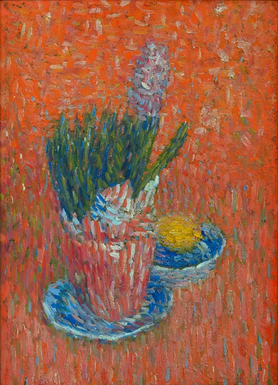 Hyazinthe im Topf und Zitrone auf orangerotem Grund – Alexej von Jawlensky Stilleben mit Zitrone und Hyazinthe Kunstkopie