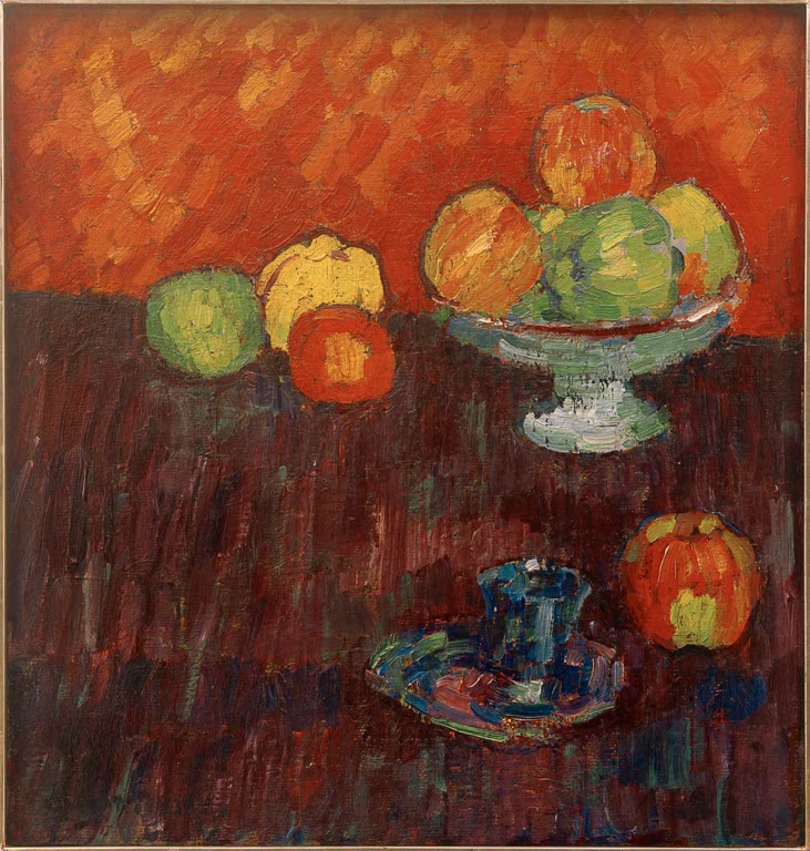 Äpfel in Fußschale und blaue Tasse vor Orangerot – Alexej von Jawlensky Stillleben mit Äpfeln und blauer Tasse Kunstkopie