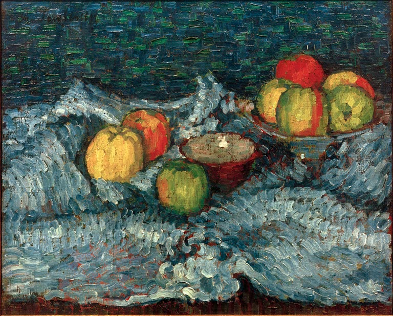 Alexej von Jawlensky Stillleben mit Äpfeln Kunstkopie – Gelbe und rote Äpfel samt Schale auf einem blaugrau gewellten Tuch