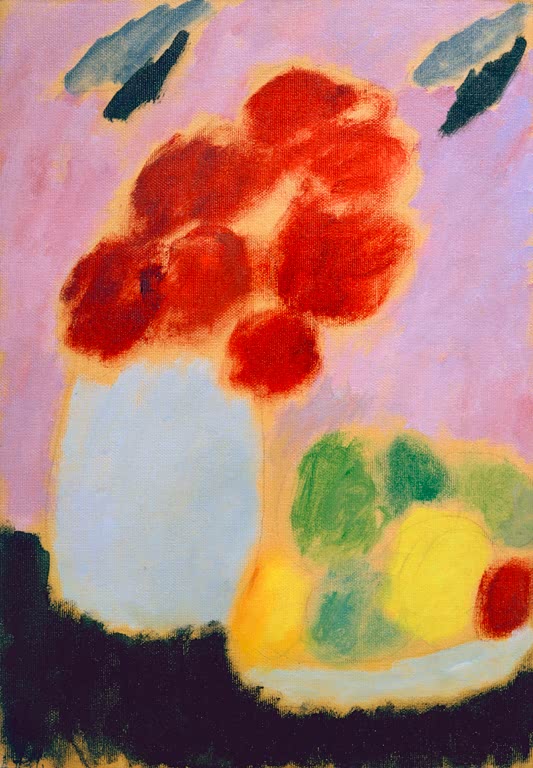 Alexej von Jawlensky Stillleben mit Blumenstrauß Kunstkopie, roter Blumenstrauß in weißer Vase neben bunter Obstschale