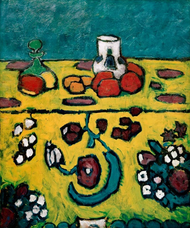 Alexej von Jawlensky Stillleben mit bunter Decke Kunstkopie, gelbe gemusterte Tischdecke mit Früchten, Krug und Karaffe