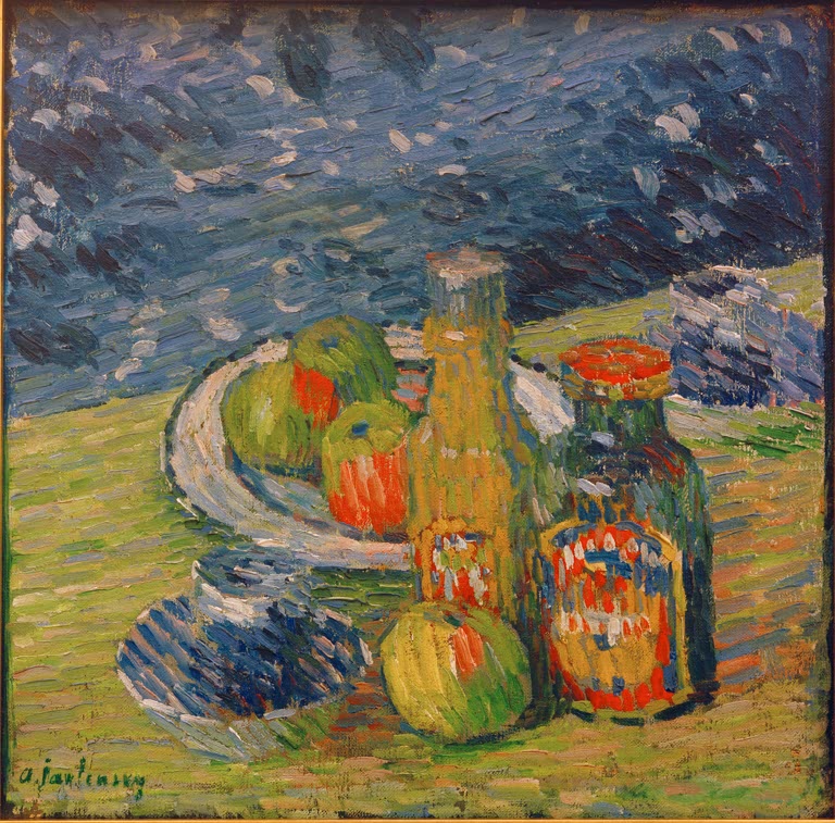 Alexej von Jawlensky Stillleben mit Flaschen, Obstschale und Tasse Kunstkopie: Flaschen und Obstschale vor blauer Wand