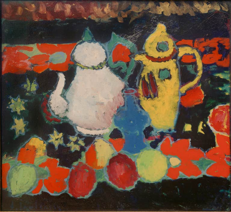 Alexej von Jawlensky Stillleben mit gelber und weißer Kanne Kunstkopie – Gelbe und weiße Kanne auf schwarzem Tisch