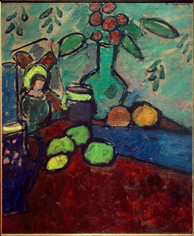 Vase mit roten Blüten, Hinterglasbild und Früchte auf Tisch – Alexej von Jawlensky Stillleben mit Hinterglasbild Kunstkopie