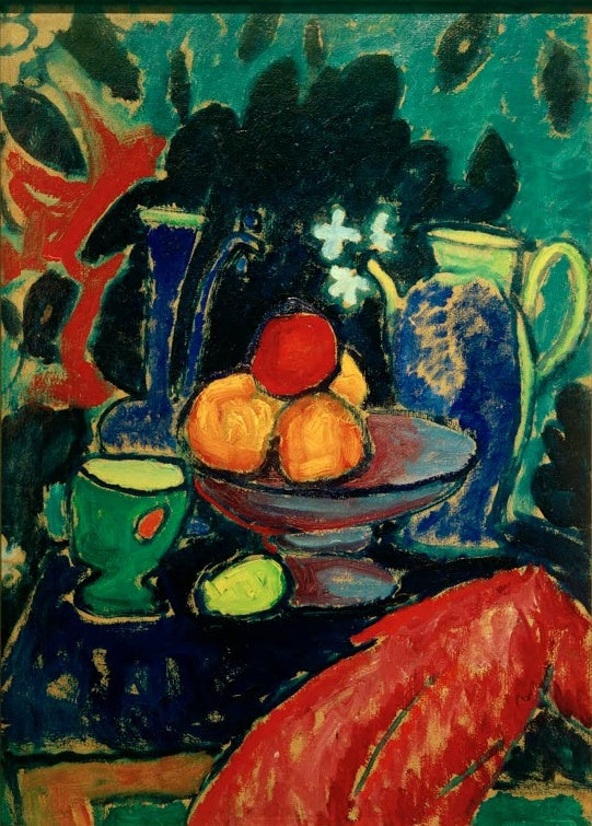 Alexej von Jawlensky Stillleben mit Kanne Kunstkopie, rote Äpfel und blaue Kanne vor dunkelgrünem Hintergrund