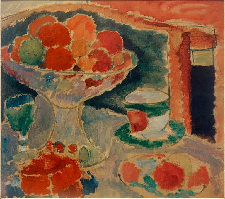 Alexej von Jawlensky Stillleben mit Obstschale Kunstkopie: Orange Früchte in gläserner Fußschale neben Tasse und Glas