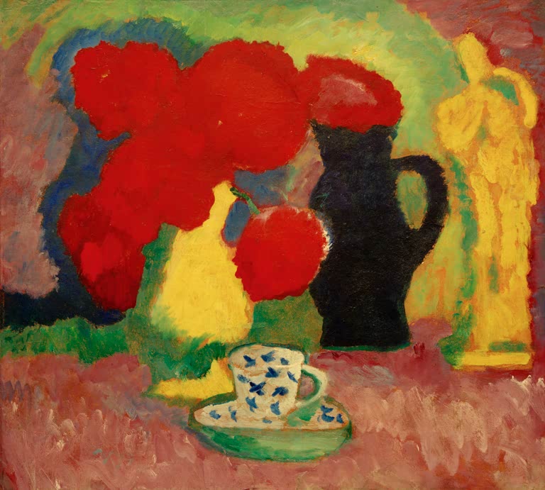 Alexej von Jawlensky Stillleben mit roten Blumen Kunstkopie – Rote Blumen, schwarzer Krug, gelbe Figur und Tasse