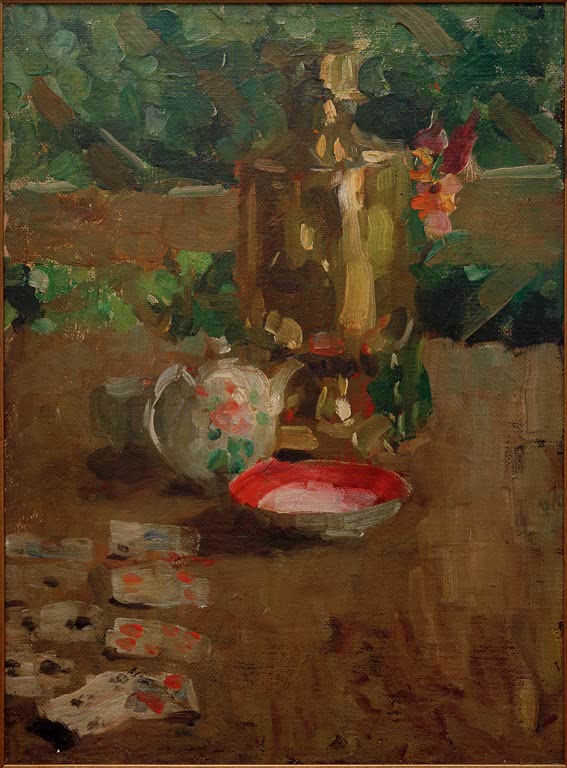 Samowar, Teekanne und rote Schale auf dem Tisch im Garten – Alexej von Jawlensky Stillleben mit Samowar Kunstkopie