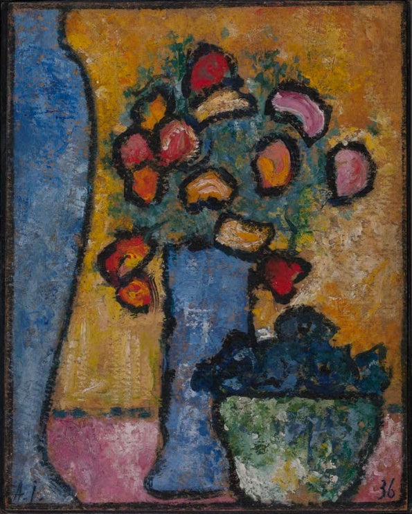 Blumen in blauer Vase und Fruchtschale auf gelbem Grund – Alexej von Jawlensky Stillleben mit zwei blauen Vasen Kunstkopie