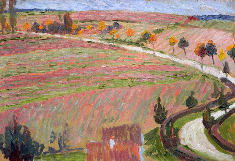 Alexej von Jawlensky Straße in Oberbayern Kunstkopie – Hügelige rosa Felder mit gewundener Straße und Bäumen