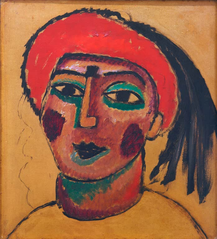 Alexej von Jawlensky Studie Frauenkopf Kunstkopie – Kopf mit roter Mütze und dunklen Wangen auf ockerfarbenem Grund