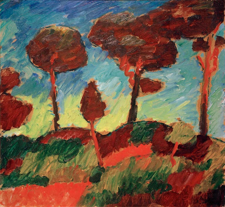 Rotbraune Kiefern auf einem Hügel unter hellblauem Himmel – Alexej von Jawlensky Sturmkiefern in Prerow Kunstkopie