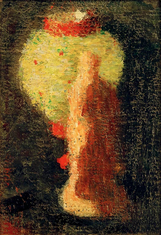 Alexej von Jawlensky Tanagrafigur mit Lampion Kunstkopie: Leuchtend gelb-orange Figur mit Lampion vor dunklem Hintergrund