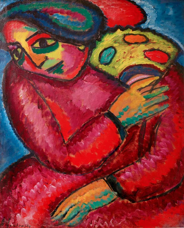 Alexej von Jawlensky Tanz mit gelbem Fächer Kunstkopie – Frau in rotem Kleid mit Fächer und Hut vor blauem Hintergrund