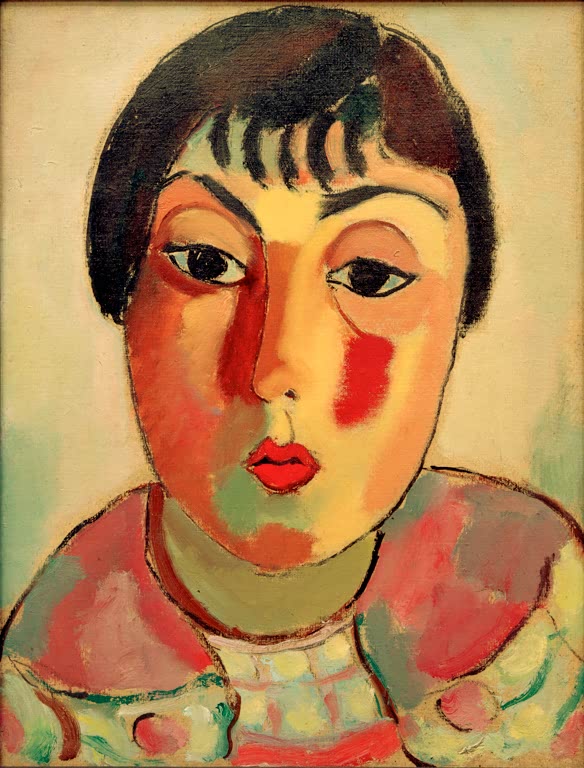 Mädchen mit dunklem Pony, roten Wangen und rosa Kragen vor hellem Hintergrund – Alexej von Jawlensky Träumende Kunstkopie