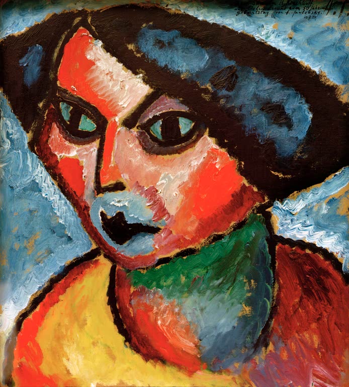 Frau mit blauem Hut, türkisen Augen und blauem Kinn vor hellblauem Hintergrund – Alexej von Jawlensky Turandot II Kunstkopie