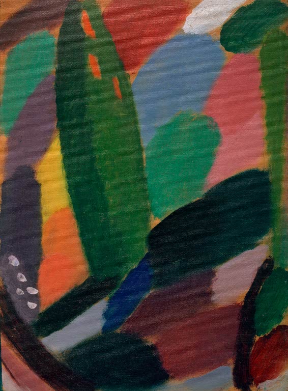 Alexej von Jawlensky Variation: Abend Kunstkopie – Dunkelgrüne Baumformen mit Farbflächen in Rosa, Blau und Violett