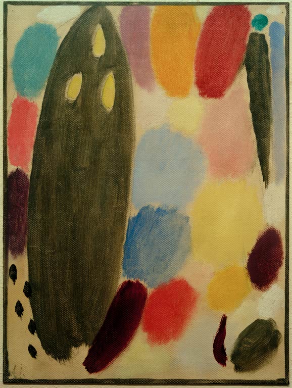 Olivgrüne Ovalform mit gelben Punkten und bunten Farbflecken – Alexej von Jawlensky Variation: Ascona (Herbst) Kunstkopie