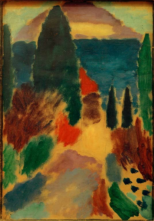 Dunkle Bäume vor See und Berg – Alexej von Jawlensky Variation: Berg und See (Sonntagsgruppe, Nr. 12) Kunstkopie