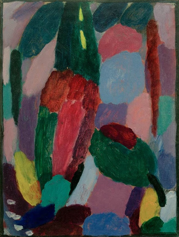Rote und grüne Formen vor violettem Grund mit rundem Farbfeld – Alexej von Jawlensky Variation: Dämmerung Kunstkopie