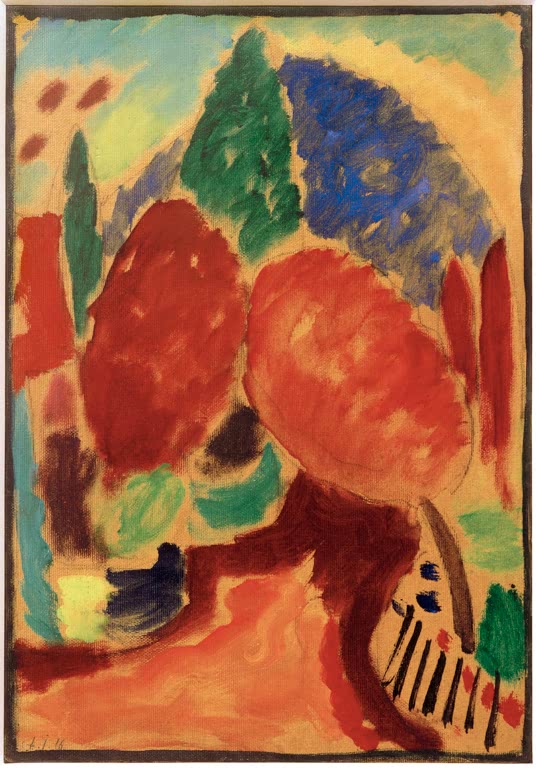 Orange Weg mit roten Bäumen und blauen Farbflächen – Alexej von Jawlensky Variation: Der orange Weg Kunstkopie