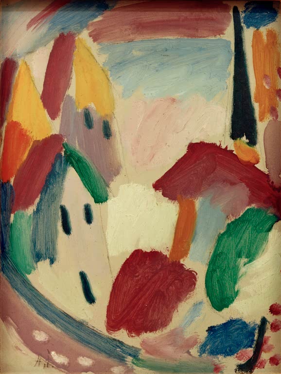 Alexej von Jawlensky Variation: Dorf Kunstkopie – Rote Pilzbäume und Häuser mit Farbflächen auf hellem Grund