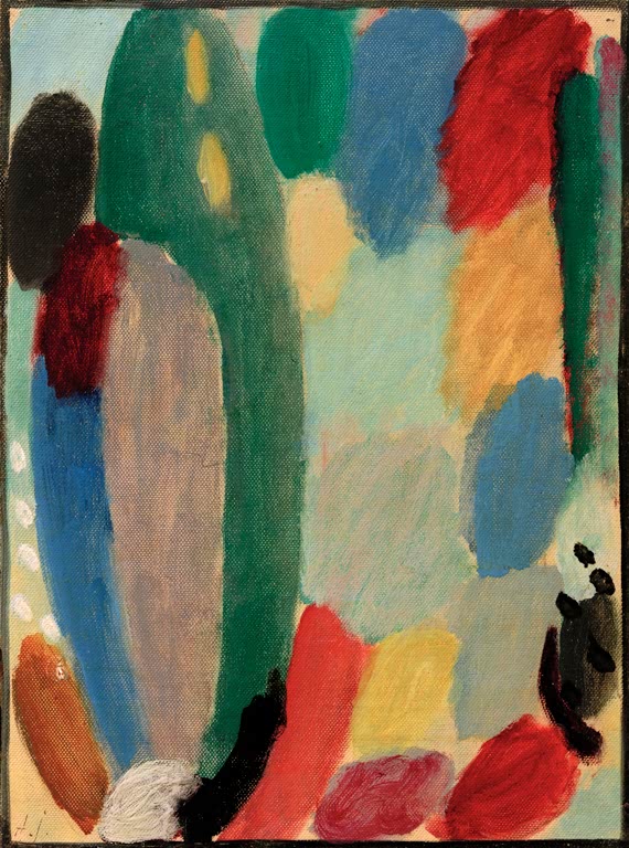 Alexej von Jawlensky Variation: Frühsommer Kunstkopie – Grüne Baumformen und bunte Farbflecken in Blau, Rosa und Gelb