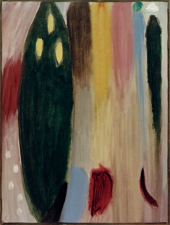 Senkrechte Farbbahnen mit dunkelgrüner Ovalform und gelben Punkten – Alexej von Jawlensky Variation: Geheimnis Kunstkopie