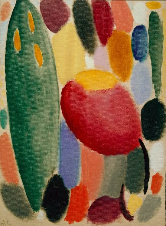 Grüne Baumform und rote Kugel zwischen bunten Farbflecken – Alexej von Jawlensky Variation: Glanzaccord Kunstkopie