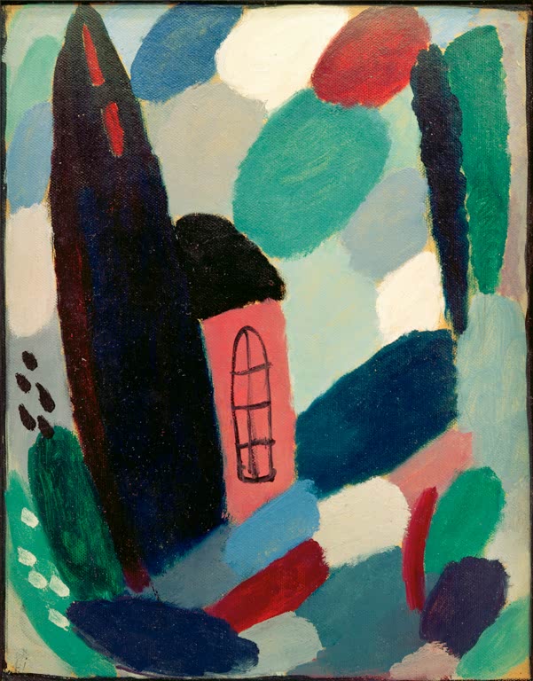 Alexej von Jawlensky Variation: Haus in Bäumen Kunstkopie: Rosa Haus mit Bogenfenster zwischen dunklen Bäumen und Farbflecken