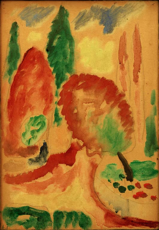 Alexej von Jawlensky Variation: Herbstglut Kunstkopie – Rotorange Baumgruppe und grüne Tannen auf gelbem Grund