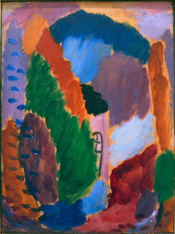 Alexej von Jawlensky Variation: Herbstglut Kunstkopie: Grüne Baumformen und Haus mit Fenster vor orangerotem und blauem Grund