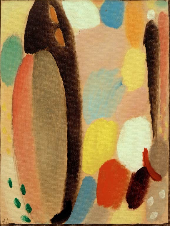Braune Ovalform und farbige Flecken in Orange, Gelb und Hellblau – Alexej von Jawlensky Variation: Hymne Kunstkopie