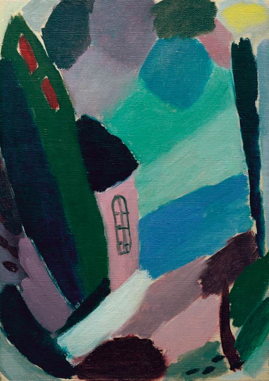 Alexej von Jawlensky Variation mit Haus und See Kunstkopie, rosafarbenes Haus zwischen dunkelgrünen Bäumen und blauem See