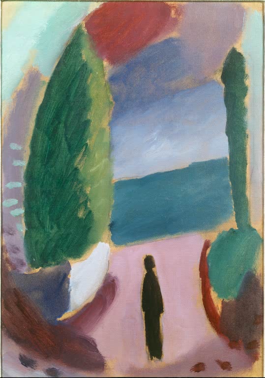 Alexej von Jawlensky Variation mit schwarzer Figur Kunstkopie, dunkle Gestalt zwischen Bäumen vor blauem Genfersee