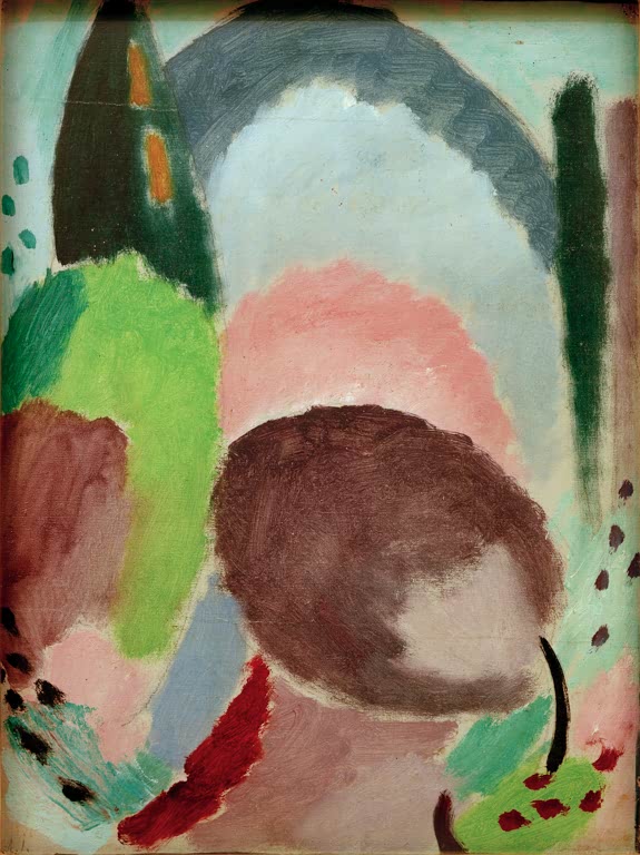 Weiche Farbflächen in Rosa, Hellgrün und Braun mit dunklen Bäumen – Alexej von Jawlensky Variation: Ostern Kunstkopie