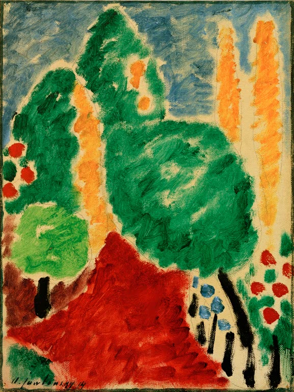 Grüne Bäume über rotem Weg mit bunten Blüten – Alexej von Jawlensky Variation: Roter Weg und Bäume Kunstkopie