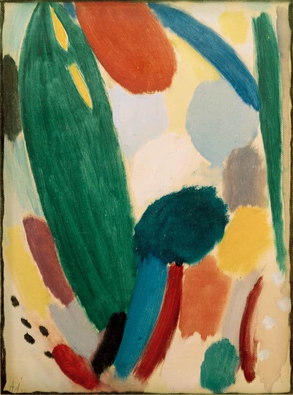 Große grüne Baumform und bunte Farbflecken auf hellem Grund – Alexej von Jawlensky Variation: Scherzo Kunstkopie