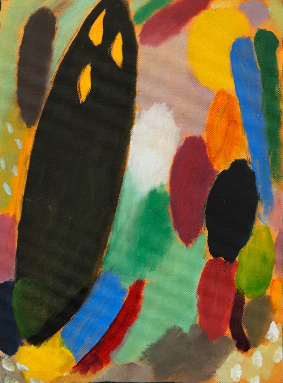 Alexej von Jawlensky Variation: Schwarzer Baum Kunstkopie – Schwarze Baumform vor bunten Farbflecken in Orange, Grün und Blau