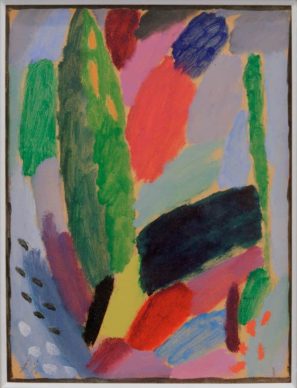 Grüne Pappeln und schwarze Fläche zwischen bunten Farbflecken – Alexej von Jawlensky Variation: Sommer Kunstkopie